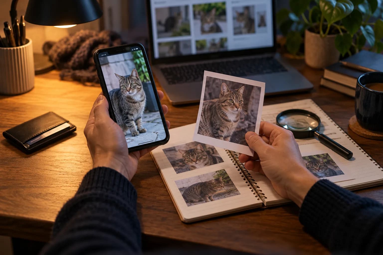 Человек сравнивает фотографии кошки при проверке отклика